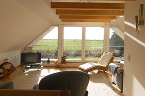 A room with a sloped ceiling, a television, a chair, and a large window with a view of a green field. - Holiday home with 2 bedrooms (Jemgum-Ditzum)