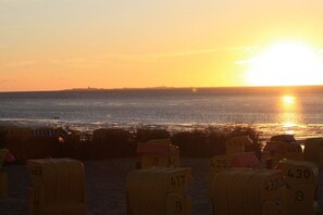 A beach with numbered beach chairs and a sunset over the water. - Holiday apartment with 2 bedrooms (Duhnen)