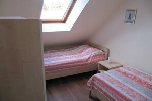 Une petite pièce avec deux lits, une lucarne et un seul tableau accroché au mur.