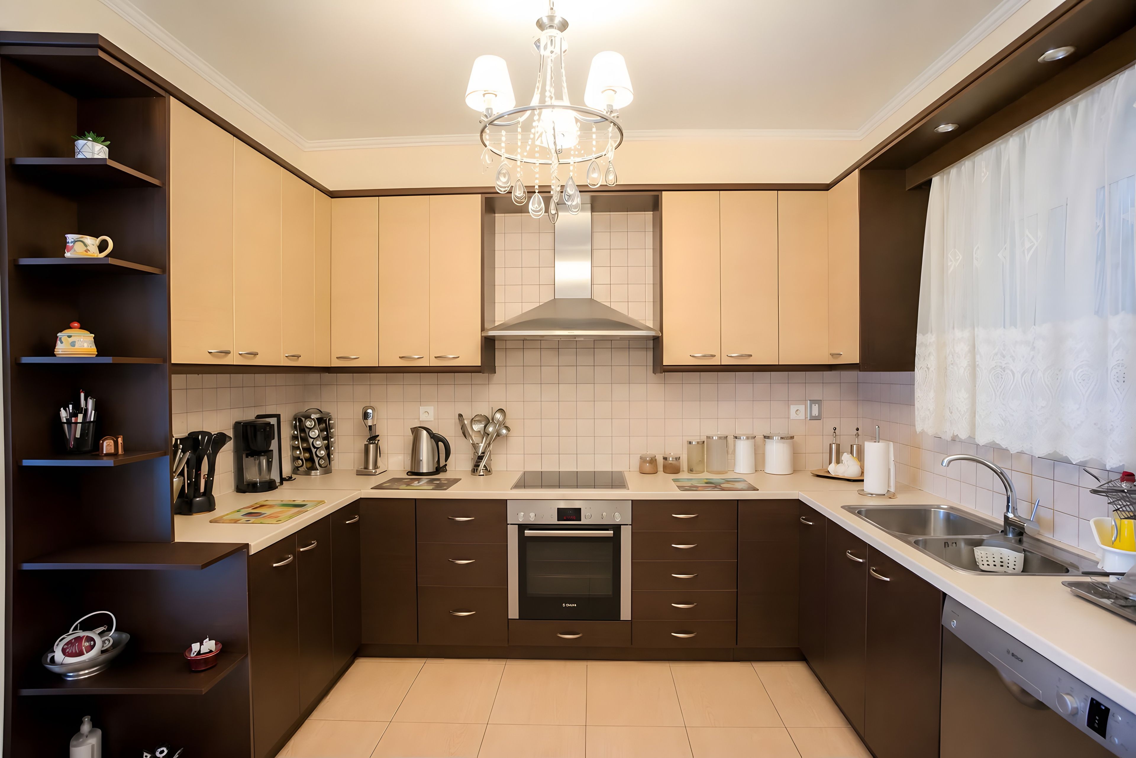 A modern kitchen with dark brown cabinets, a central island, a built-in oven, and a stainless steel sink.