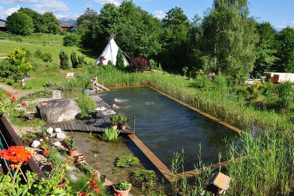 A garden with a pond, a wooden deck, and a teepee.