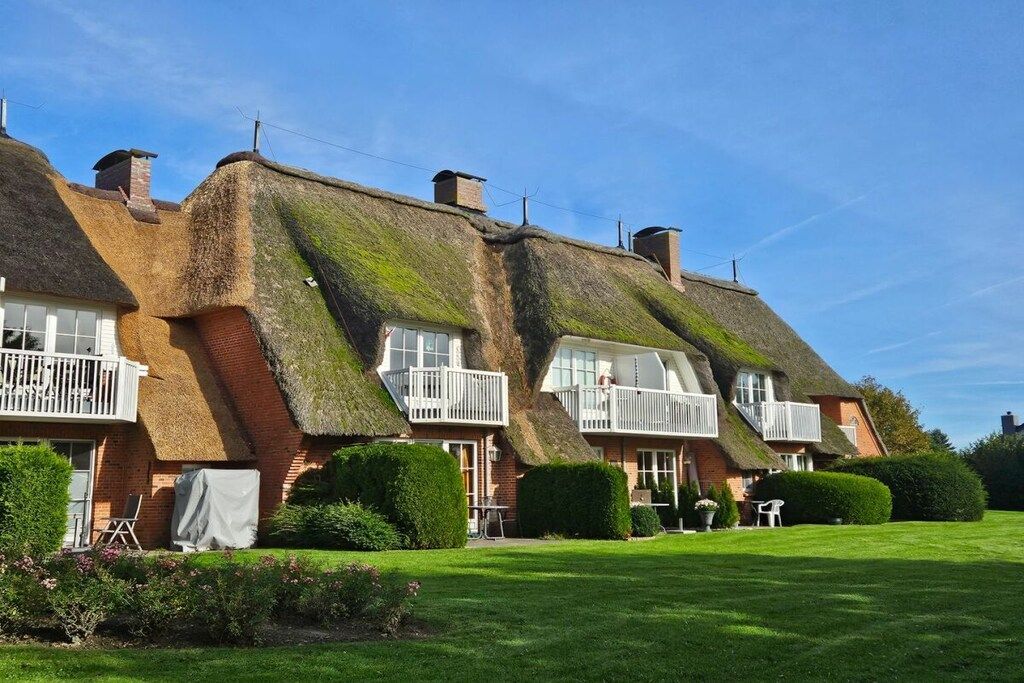 A row of traditional thatched-roof cottages with white railings and a well-maintained lawn.