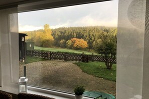 Blick aus einem Fenster auf eine gepflasterte Fläche mit Holzzaun, Bäumen und einer Wiese.