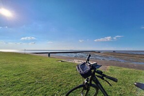A bicycle parked on a grassy area with a view of the sea and a pier in the background. - Holiday apartment with 2 bedrooms (Pellworm)