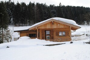 A wooden cabin with a snow-covered roof, surrounded by a forest. - Alpenchalet Sachrang (Aschau im Chiemgau \/ Sachrang)