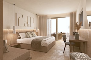 Ein modernes Hotelzimmer mit einem großen Bett, einem Schreibtisch und einem Balkon.
