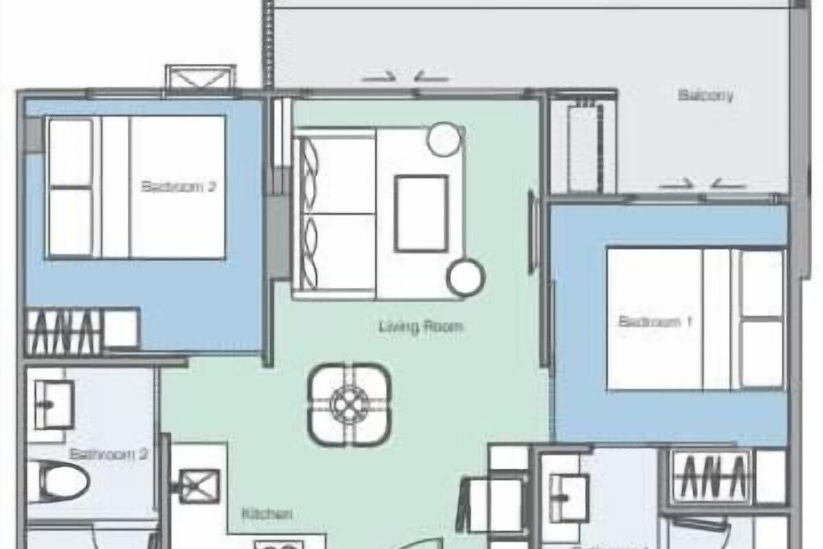A floor plan with a living room, two bedrooms, a balcony, a kitchen, and two bathrooms.