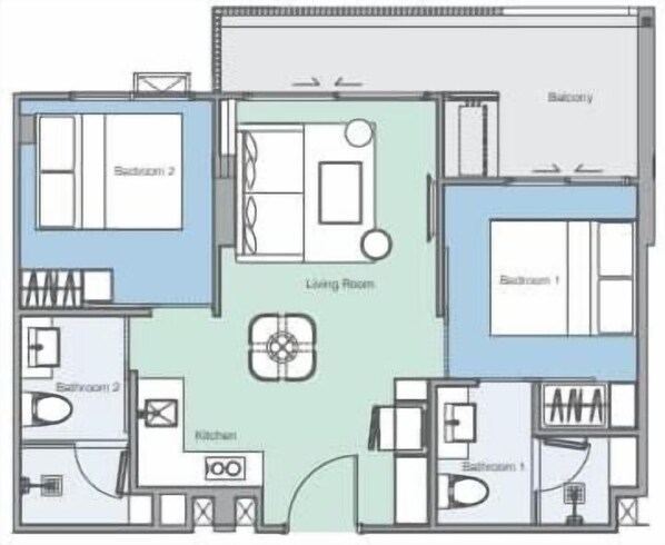 A floor plan with a living room, two bedrooms, a balcony, a kitchen, and two bathrooms. - Skypark Celeste 6, One-bedroom 6108 1Bx Ground Floor (Choeng Thale)