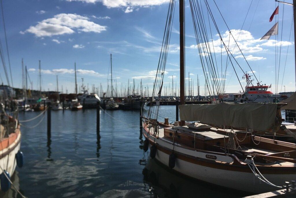 A marina with multiple boats docked, calm water, and a clear sky.