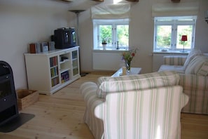 A cozy living room with a striped sofa, a bookshelf, a fireplace, and a window with a view of greenery. - Holiday home in Bobbin with swimming pool (Bobbin)