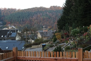 A residential area with houses, a wooden fence, and a forested hillside in the background. - "Small climbing hut" (Bad Schandau OT Krippen)