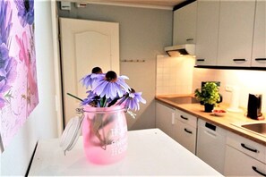 Eine Küche mit weißen Schränken, einem Spülbecken und einer Arbeitsplatte mit einem Blumentopf.