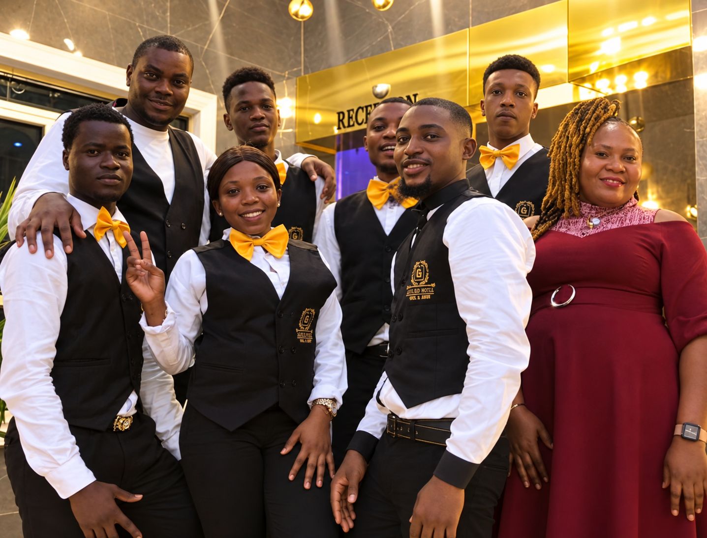 A group of people in formal attire posing in front of a building with a sign that reads 'RECEPTION'.