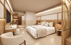 A modern bedroom with a bed, bedside table, lamp, and a view of the hallway. - AKASHA Reserve (Hersonissos)