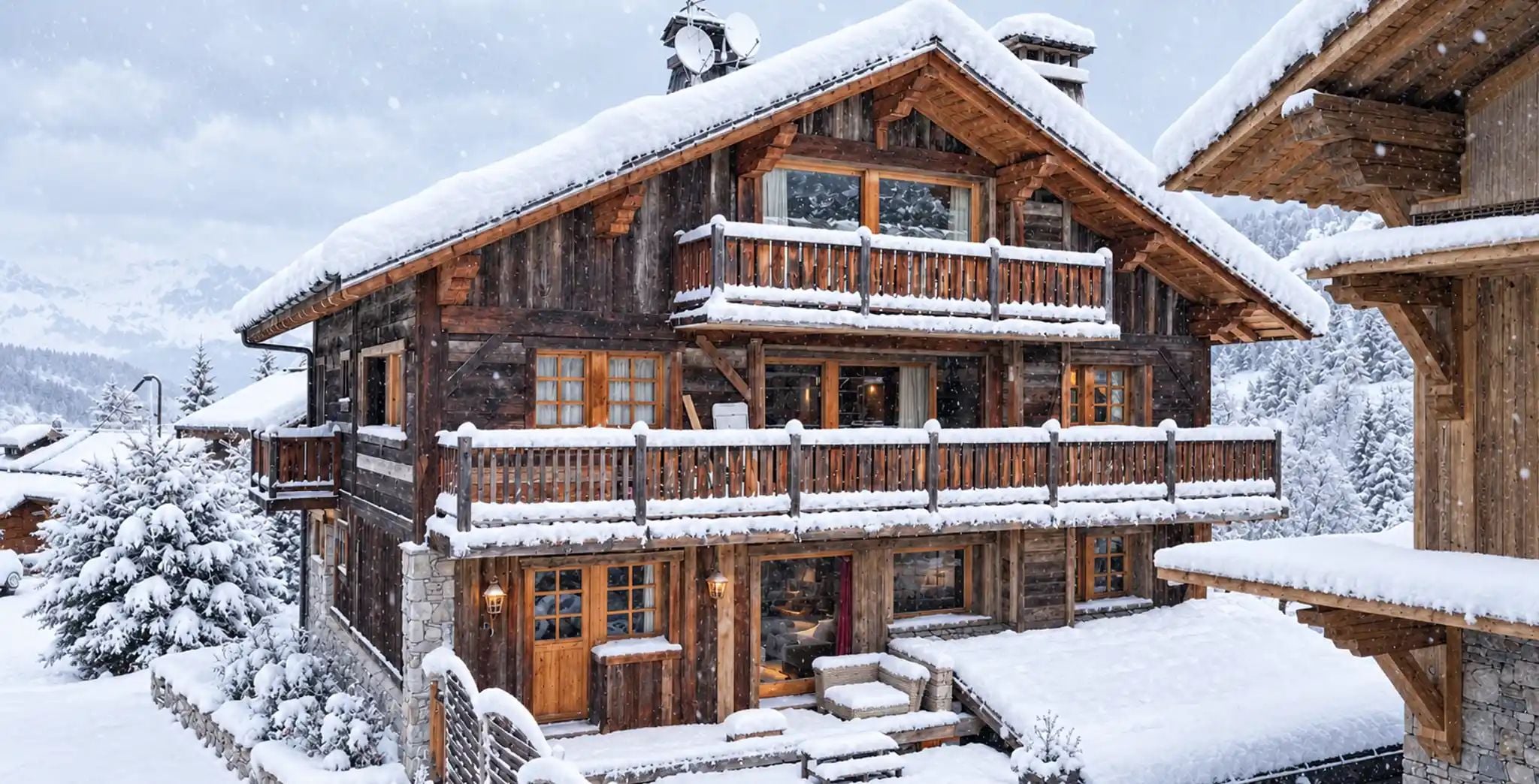 A multi-story wooden chalet with balconies, surrounded by snow-covered trees.