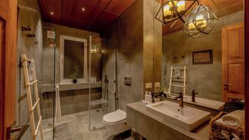 A modern bathroom with a glass shower enclosure, a toilet, a large vanity with dual sinks, and a wooden ceiling.