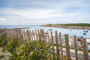 A coastal view with boats, a pier, and a grassy hill. - Panoramic Sea-view Apartment in Le Conquet (Le Conquet)