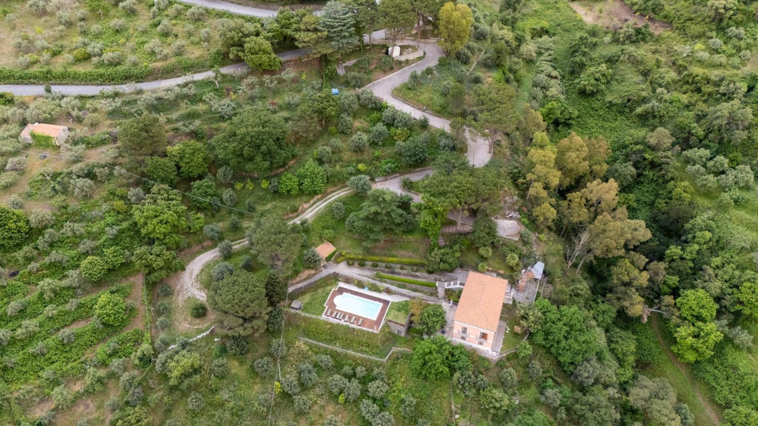 Una zona residencial con un edificio central que cuenta con una piscina, rodeada de exuberante vegetación y senderos sinuosos.