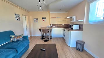A compact living space with a kitchenette, a dining area, and a sofa.