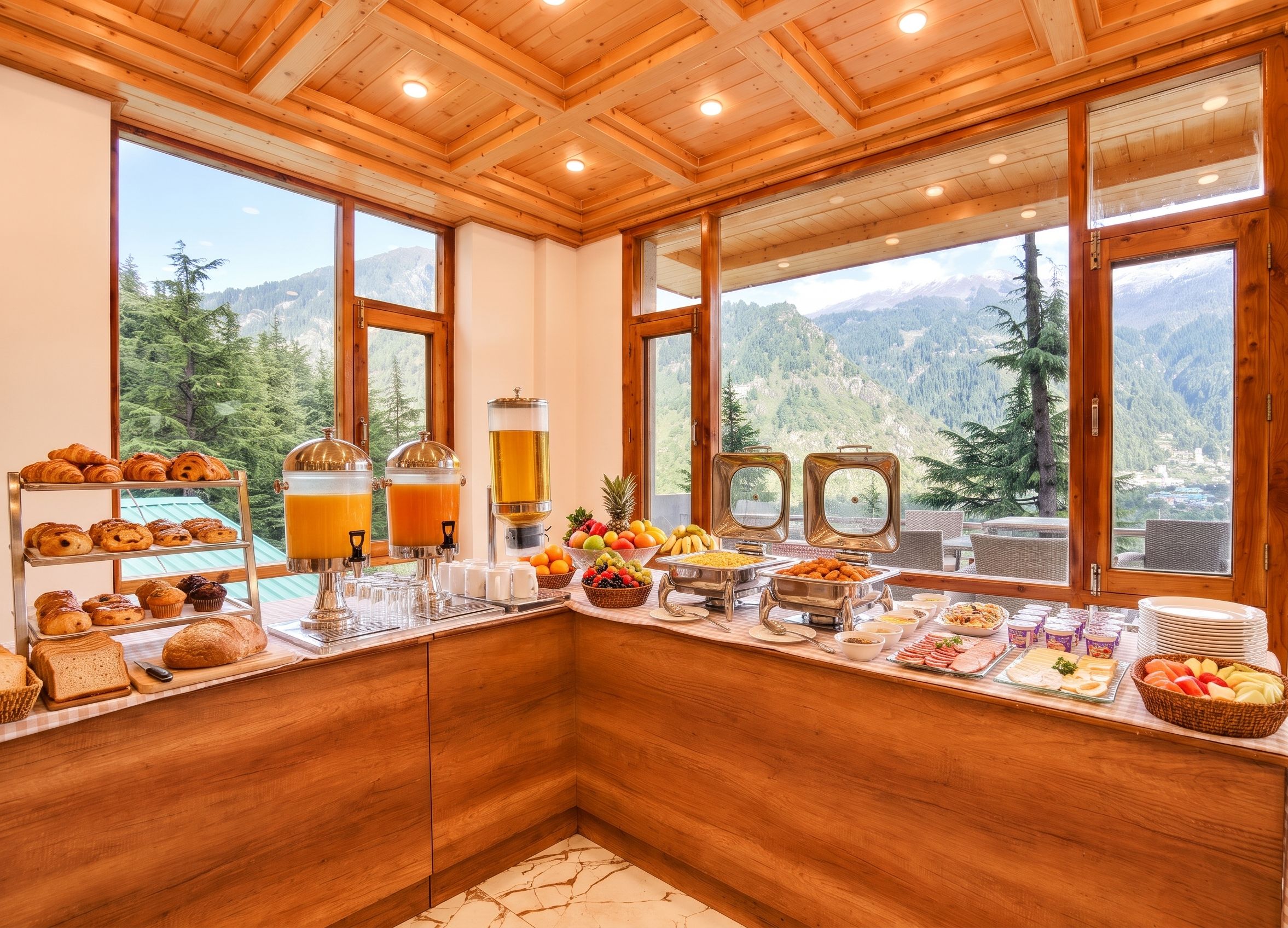 Un bufé de desayuno con una variedad de pasteles, frutas y bebidas, con un paisaje montañoso de fondo.
