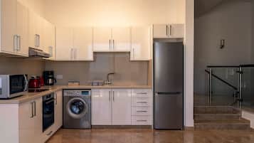 Een moderne keuken met roestvrijstalen apparatuur, een wasmachine en een koelkast.