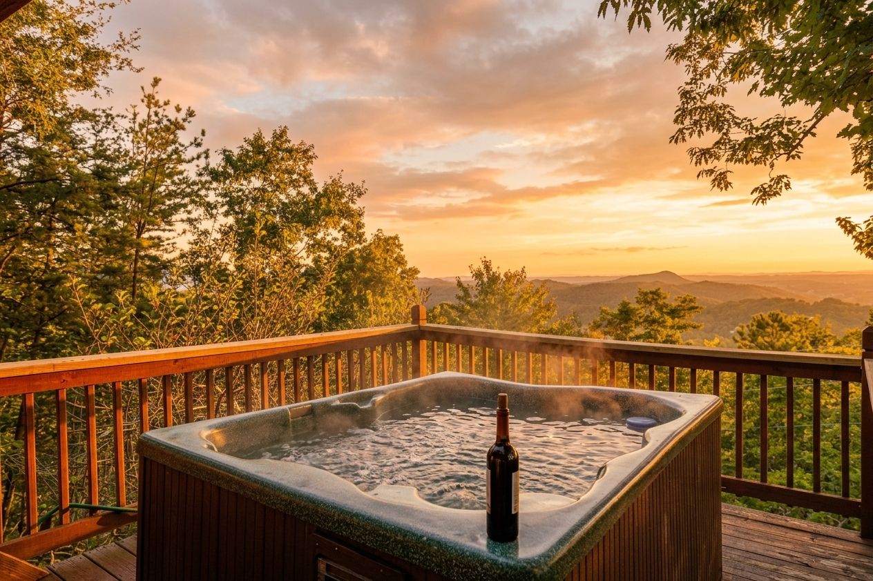 A hot tub on a wooden deck with a view of a mountainous landscape.