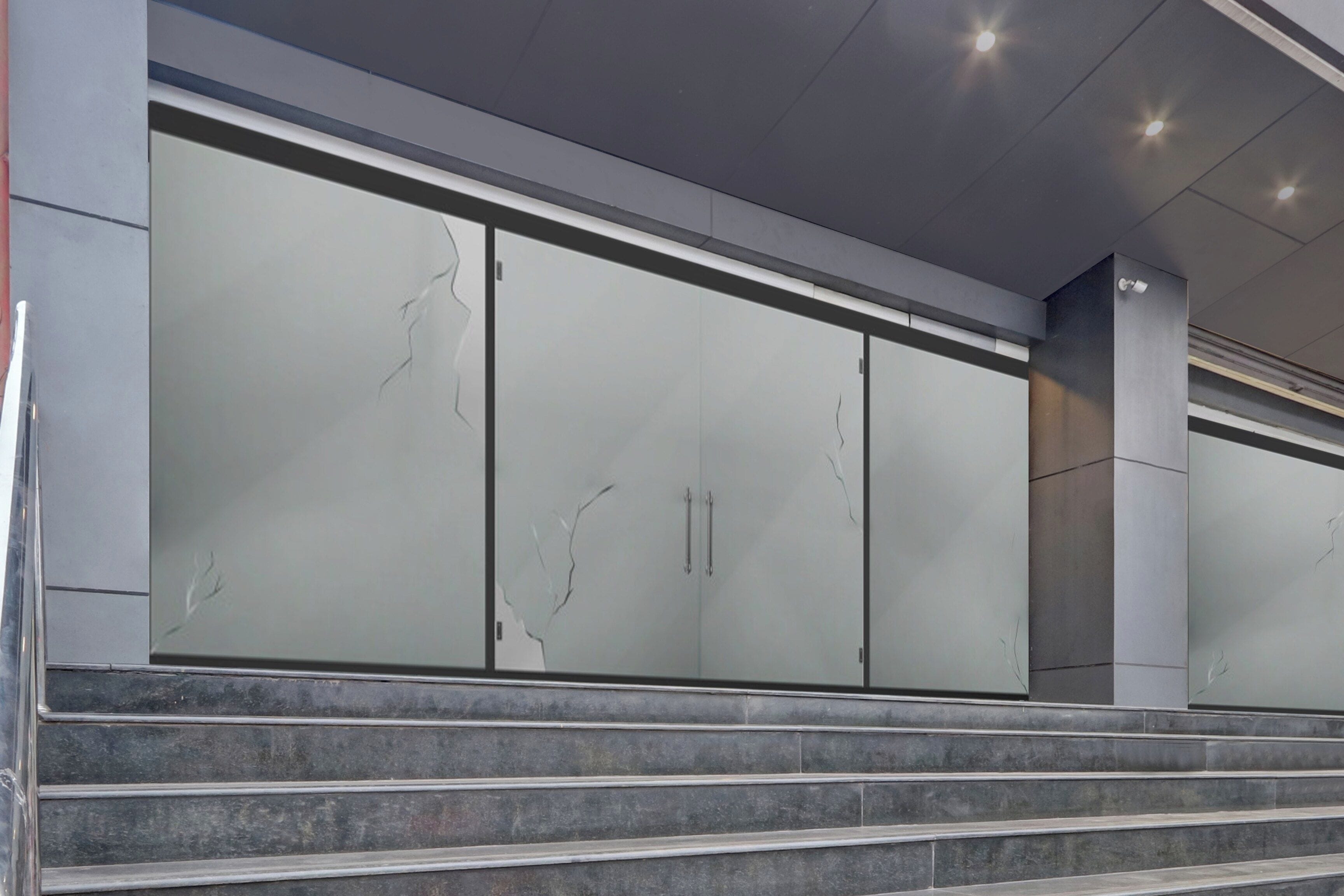 Un conjunto de escalones de mármol que conducen a la entrada de un edificio moderno con puertas de vidrio esmerilado y un diseño limpio y minimalista.