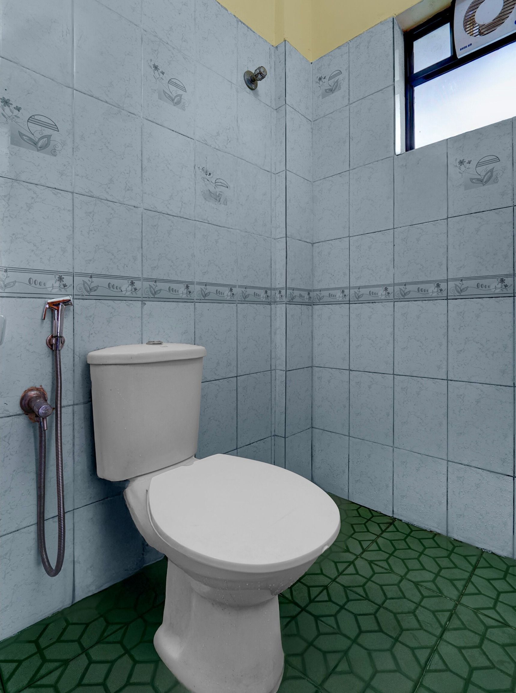 Une salle de bain avec des toilettes, une douche et une fenêtre.