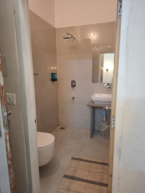 A bathroom with a toilet, a sink, a shower, and a mirror. - AJASRA-GANGA (Rishikesh)