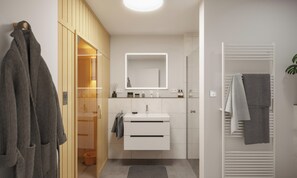 A modern bathroom with a walk-in closet, a large mirror, and a towel rack. - Beach Runner 3.4 | Sauna. Balcony. Near the beach. (Kellenhusen)