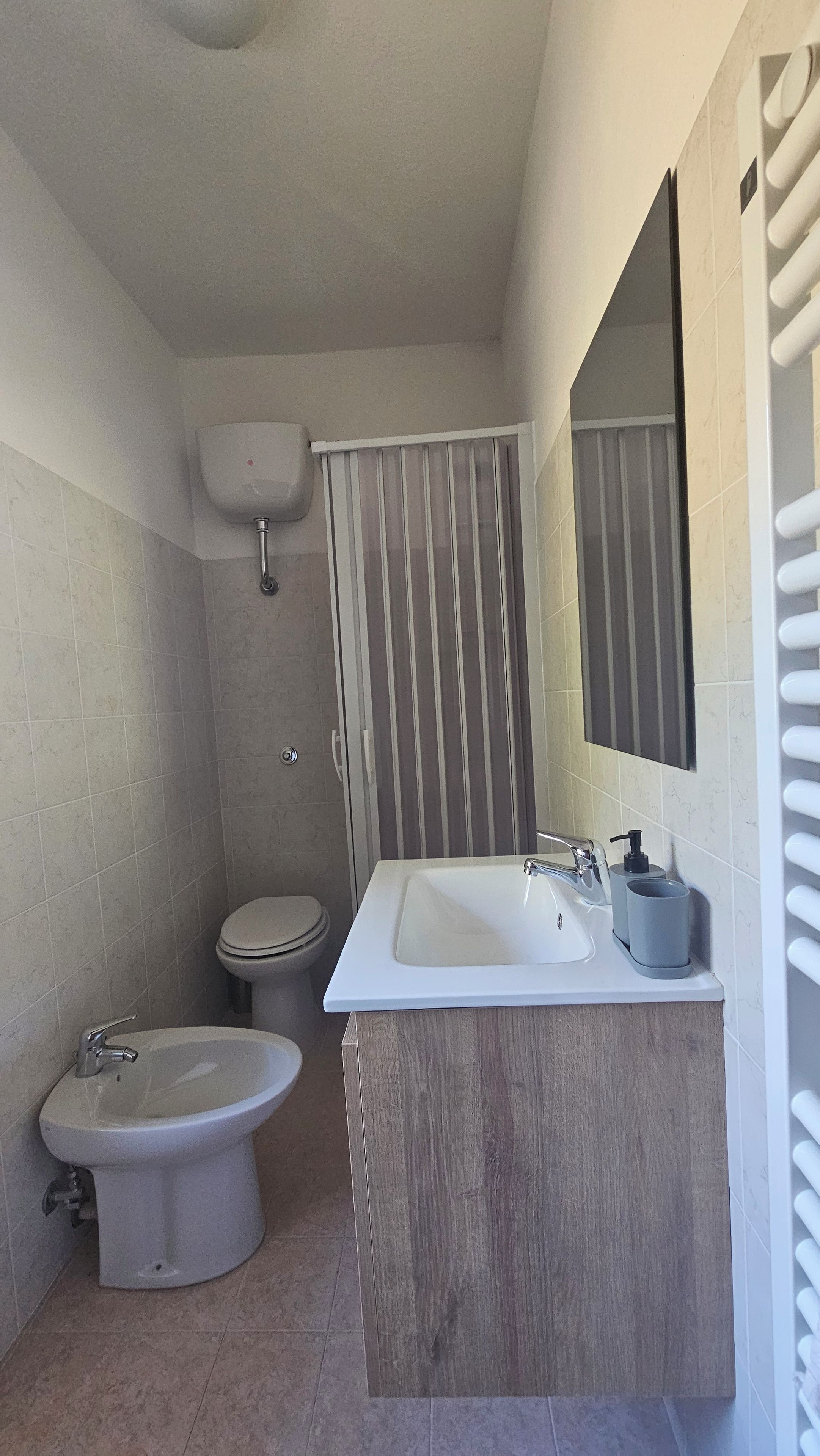 A bathroom with a toilet, bidet, and a sink with a mirror above it.