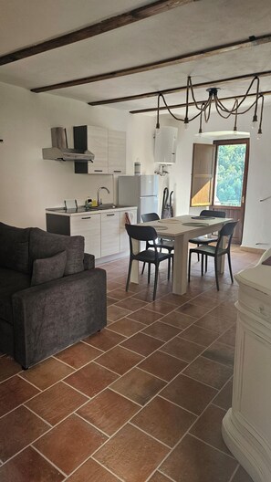A modern kitchen with a dining area, a sofa, and a view of the outdoors.