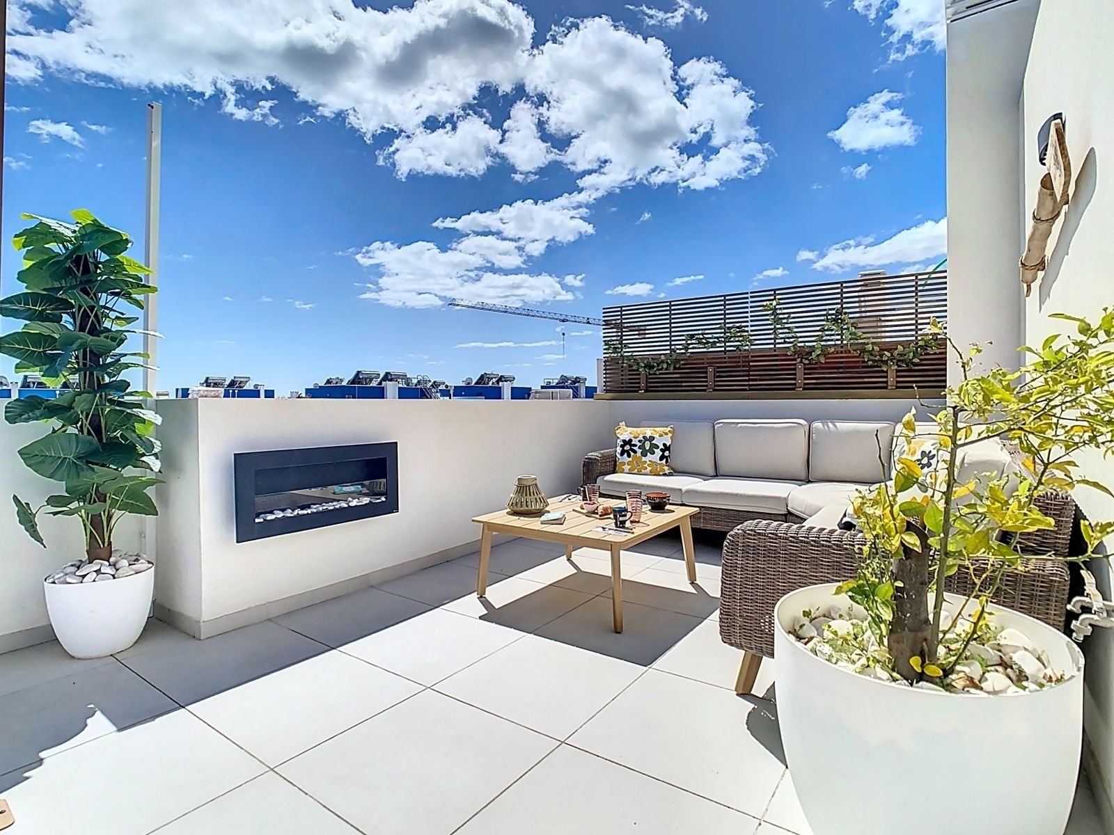 A rooftop terrace with a sofa, coffee table, and potted plants.
