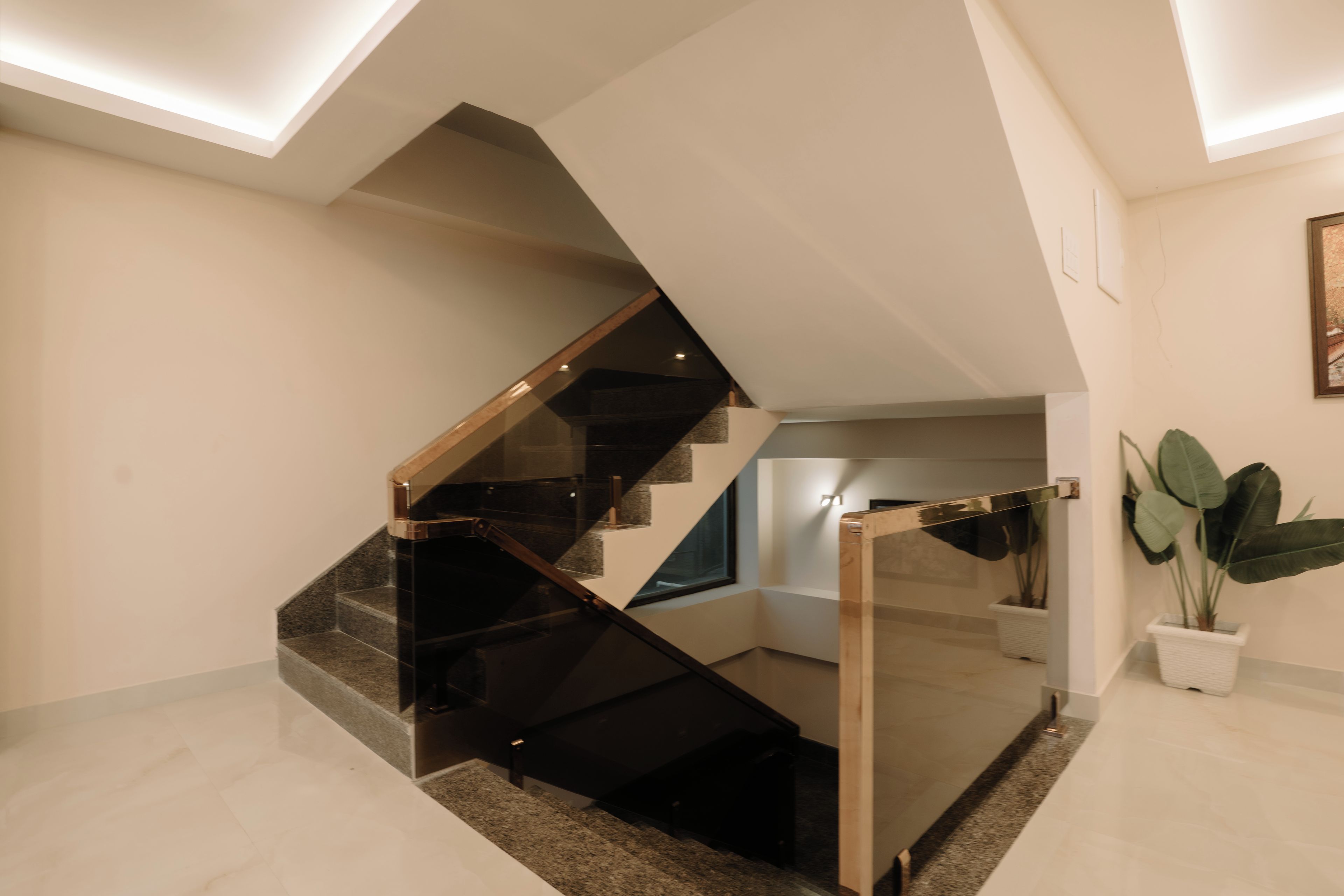 A modern interior with a glass staircase, a potted plant, and a minimalist design.