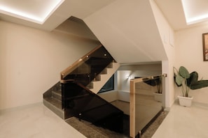 A modern interior with a glass staircase, a potted plant, and a minimalist design. - Hotel Maneybung (Gangtok)
