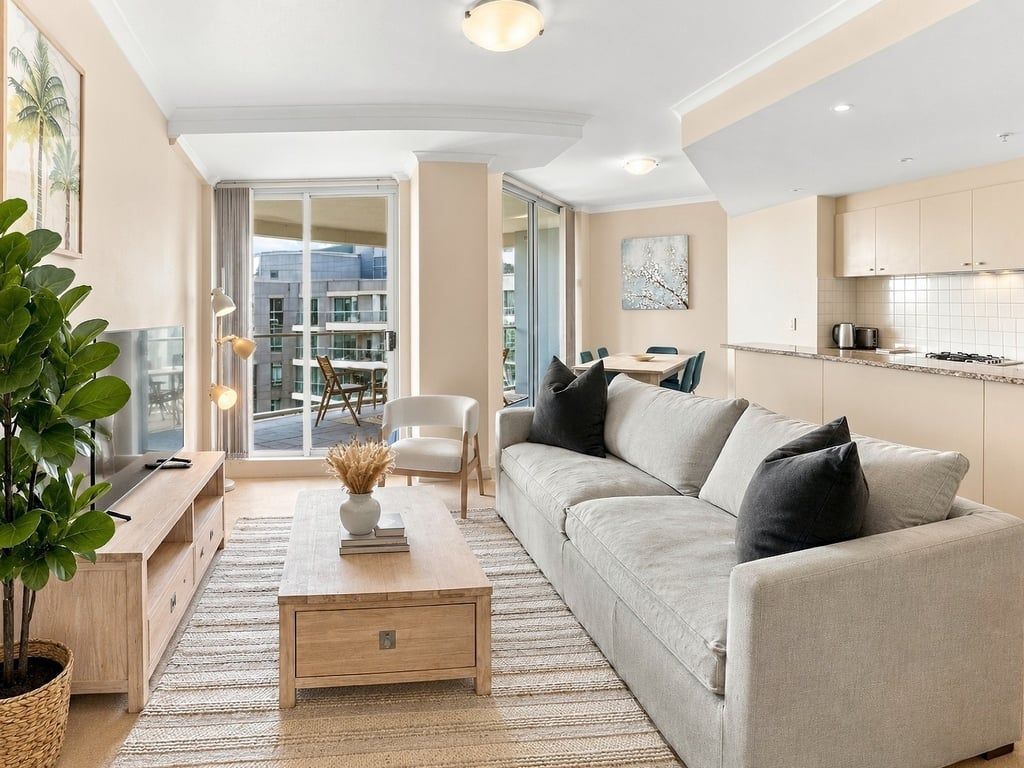 A modern living room with a sofa, coffee table, and a dining area with chairs.