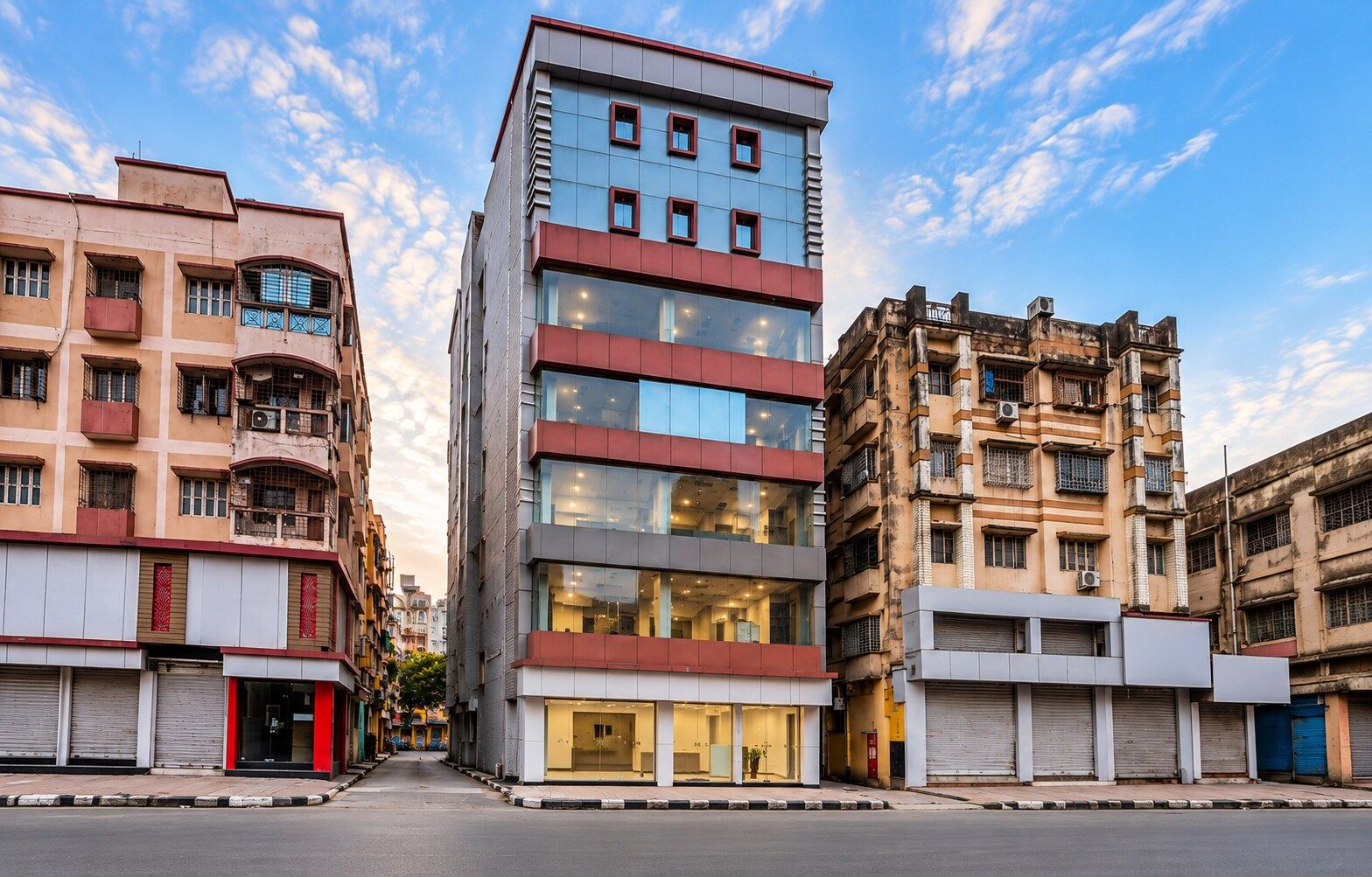 Un edificio moderno con varios pisos, amplias ventanas y una combinación de estilos arquitectónicos.