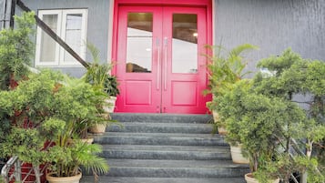 Un edificio con una puerta rosa brillante, una escalera que conduce a la entrada y macetas a ambos lados.