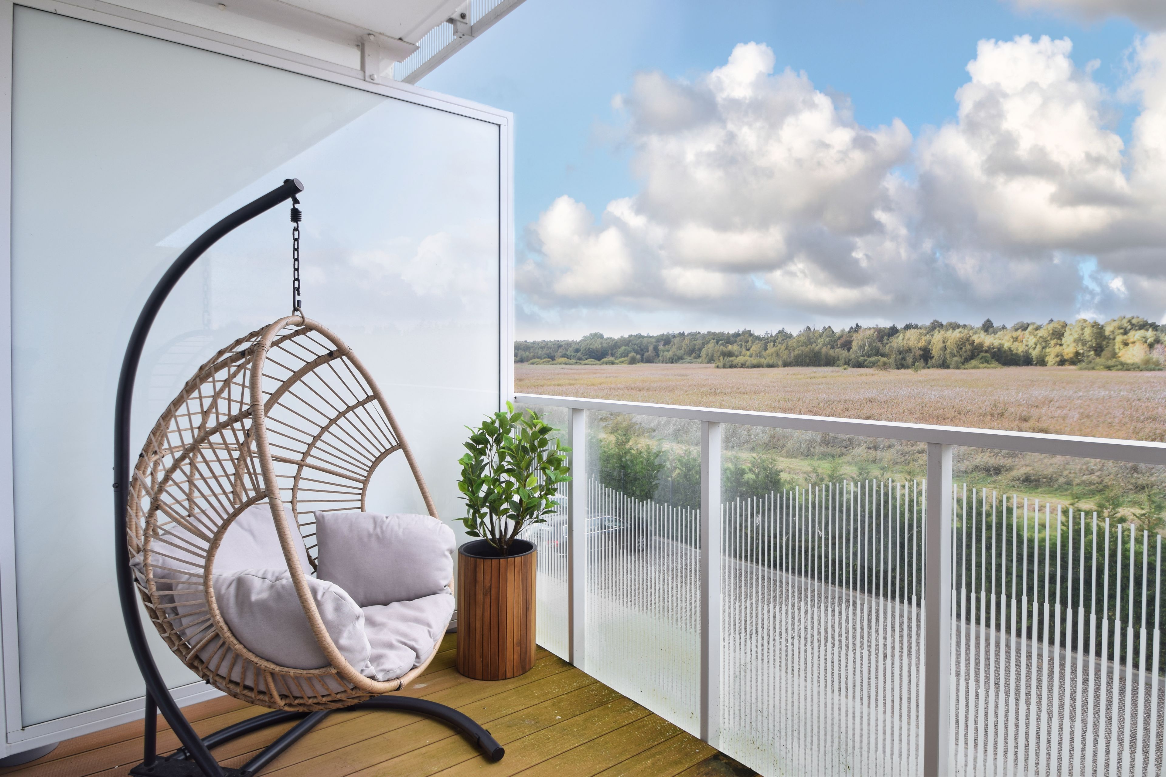 A balcony with a hanging chair, a potted plant, and a view of a field and trees.