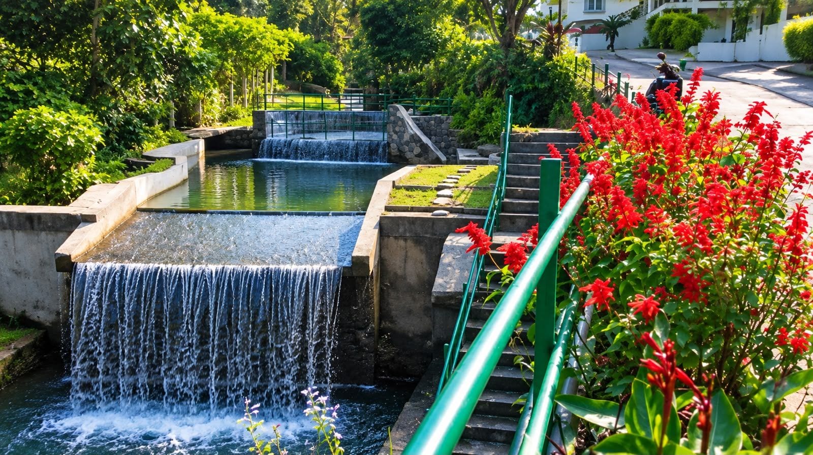A water feature with a cascading waterfall, surrounded by greenery and a paved walkway.