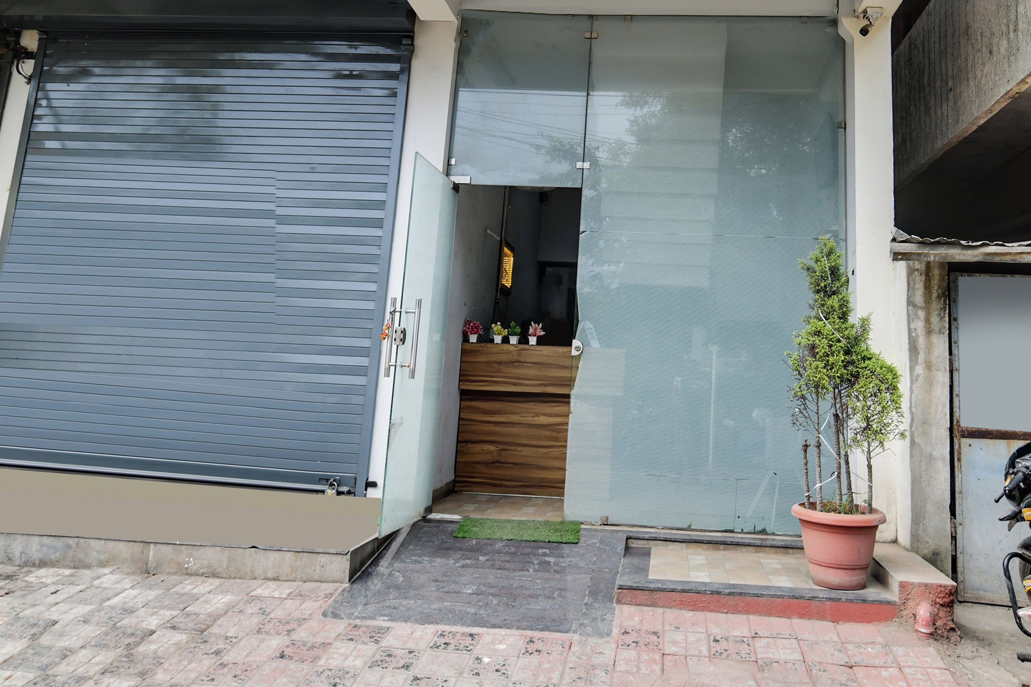 Un comercio cerrado con un cerrojo metálico, un mostrador de madera en el interior y una planta en maceta en el exterior.