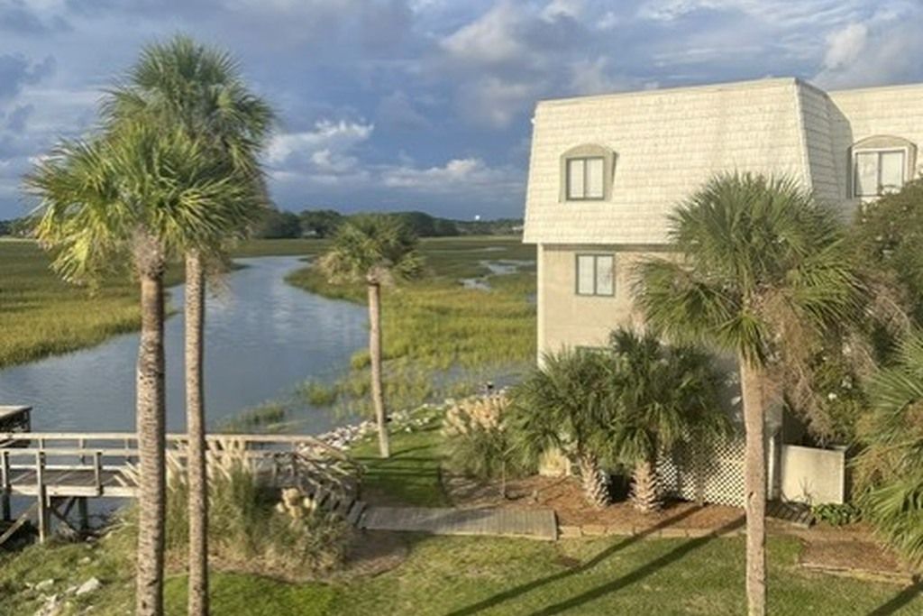 Een huis met uitzicht op een rivier, omringd door palmbomen en een houten steiger.