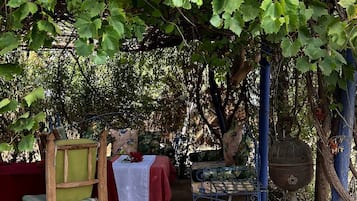 Un espace extérieur aménagé dans un style rustique, avec une chaise et une table en bois, entouré d’une végétation luxuriante.