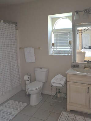 A bathroom with a toilet, sink, and shower area. - Wonderful 2-bedroom house with AC in Winterville (Winterville)