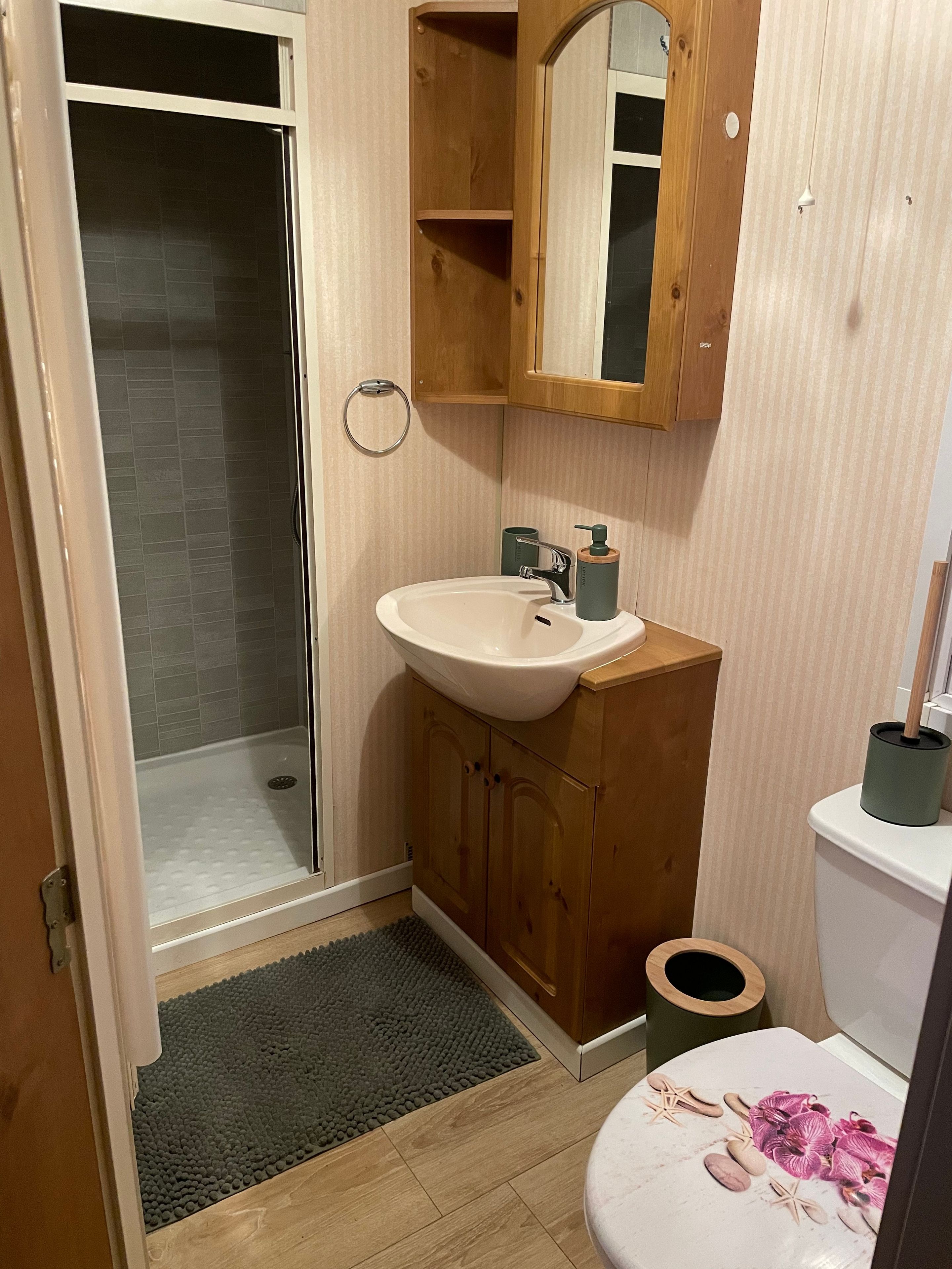 A bathroom with a shower, sink, toilet, and wooden cabinets.