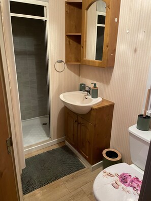 Une salle de bain équipée d’une douche, d’un lavabo, de toilettes et de meubles en bois.