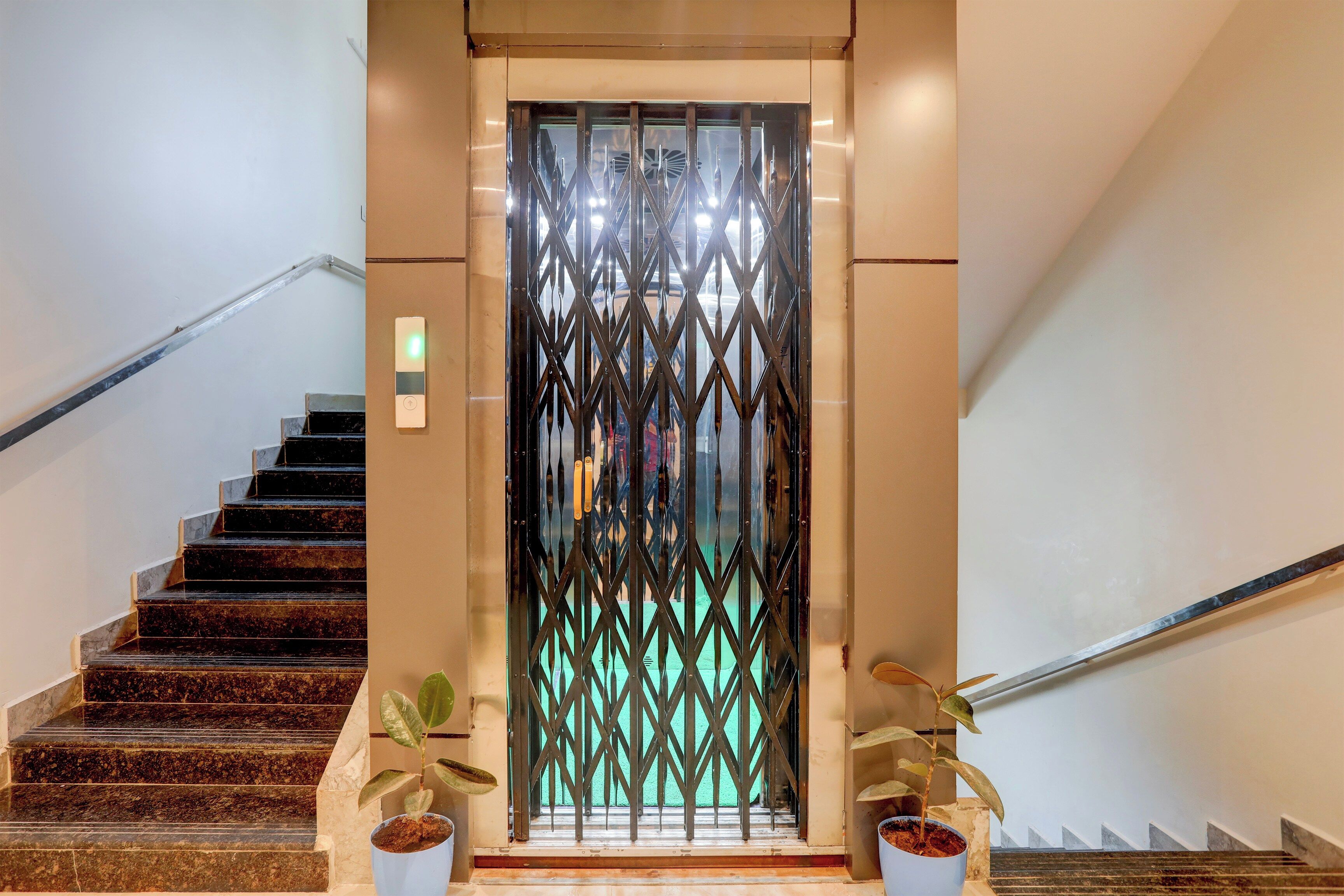A staircase with a metal gate at the top, two potted plants on either side, and a handrail on the left.