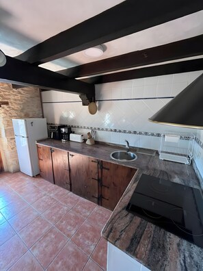 Een keuken met een stenen muur, een inbouwkoelkast, een spoelbak en een fornuis.