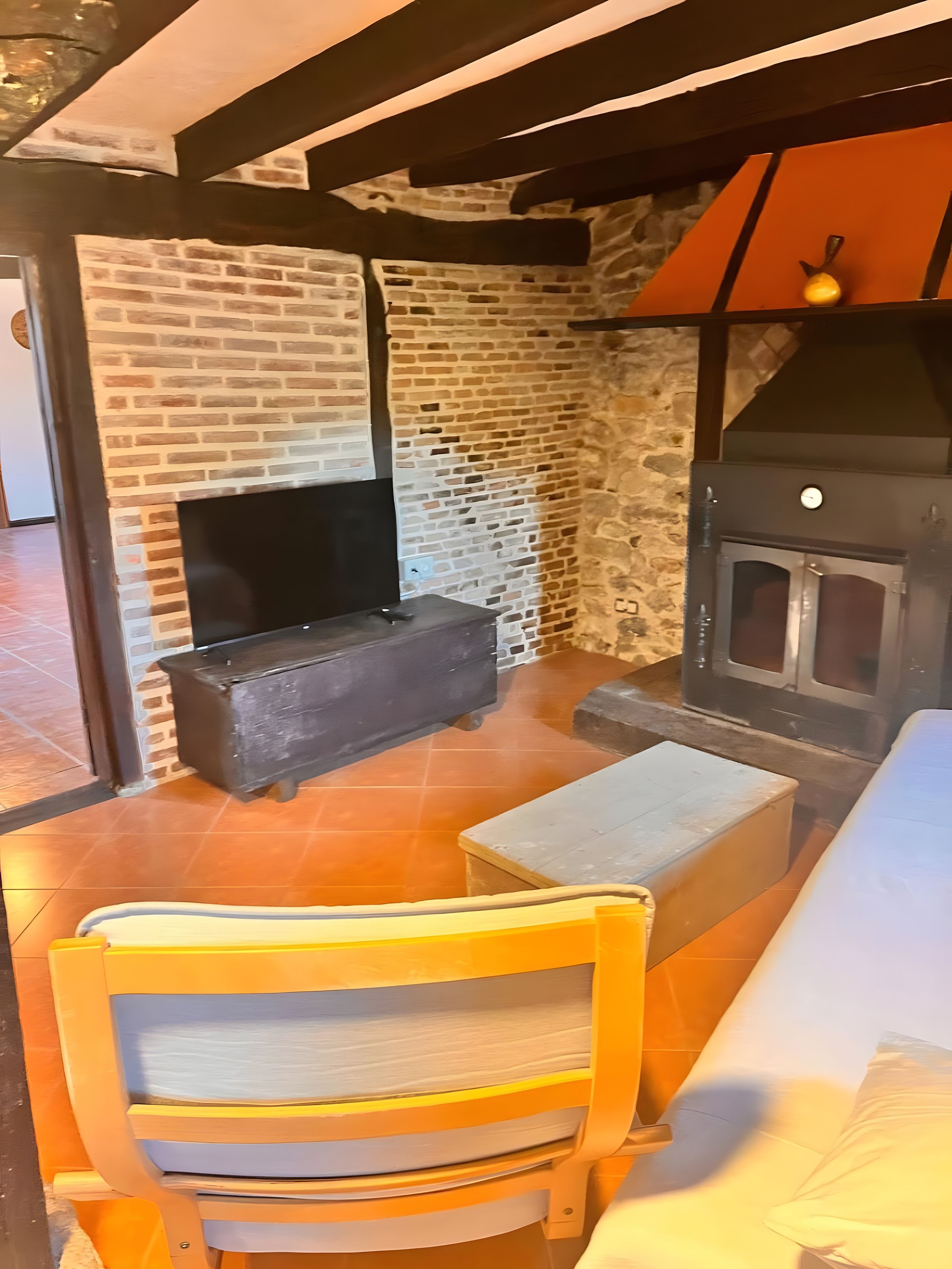 Un salon confortable avec une cheminée, un téléviseur et un espace détente.