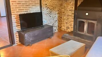 Een gezellige zithoek met een open haard, een televisie en zitplaatsen.
